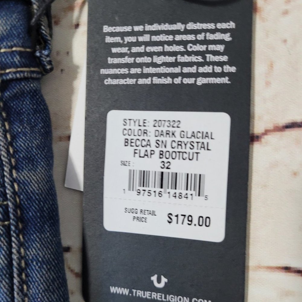 NWT True Religion Becca Dark Glacial, Crystal Flap Bootcut Jeans Size 32 - Picture 4 of 10
